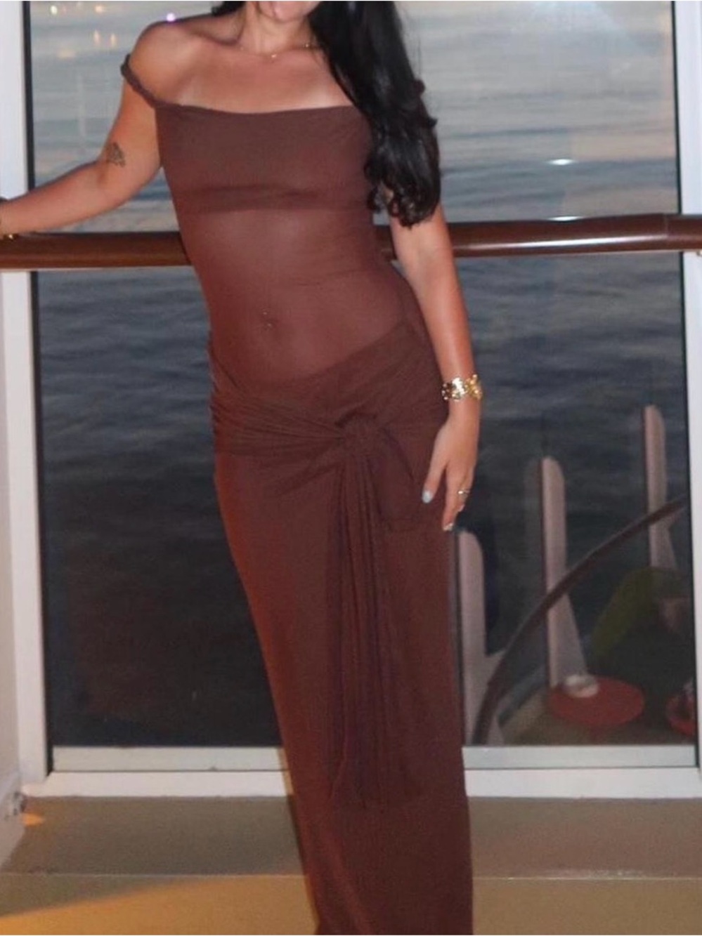 Sleek Off-Shoulder Brown Maxi Dress